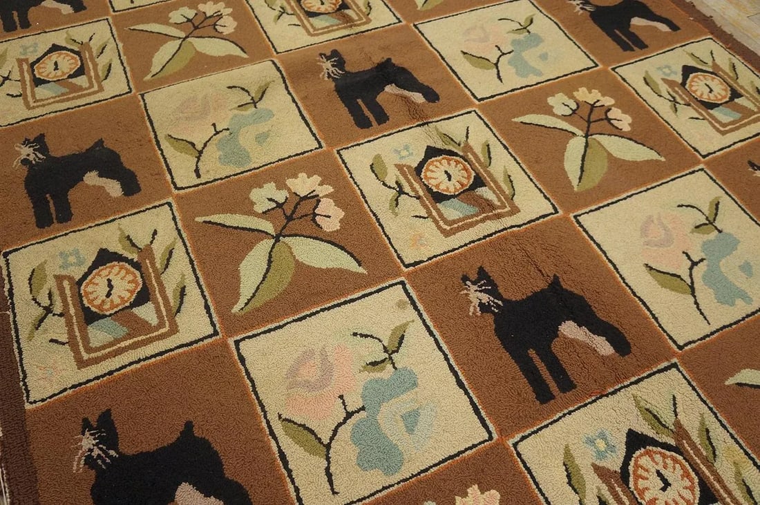1970s Brown Vintage Animal Design Folk Art American Hooked Carpet Wool Rug - 5