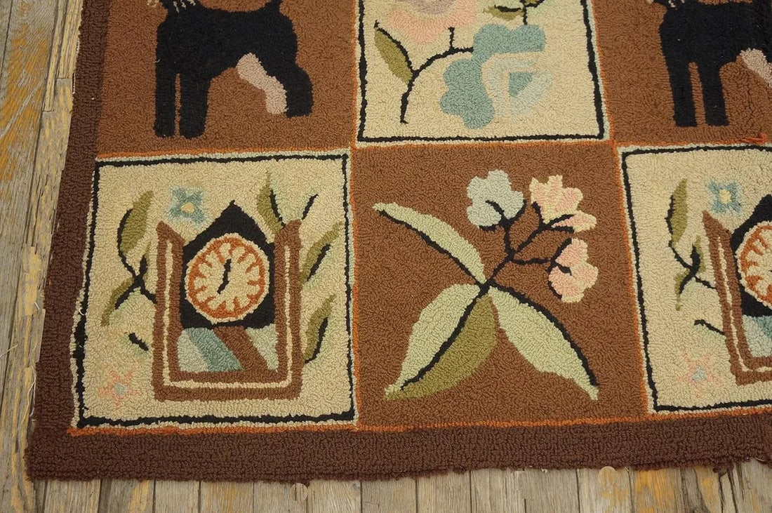 1970s Brown Vintage Animal Design Folk Art American Hooked Carpet Wool Rug - 6