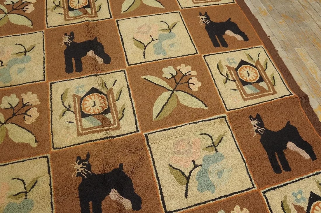 1970s Brown Vintage Animal Design Folk Art American Hooked Carpet Wool Rug - 7