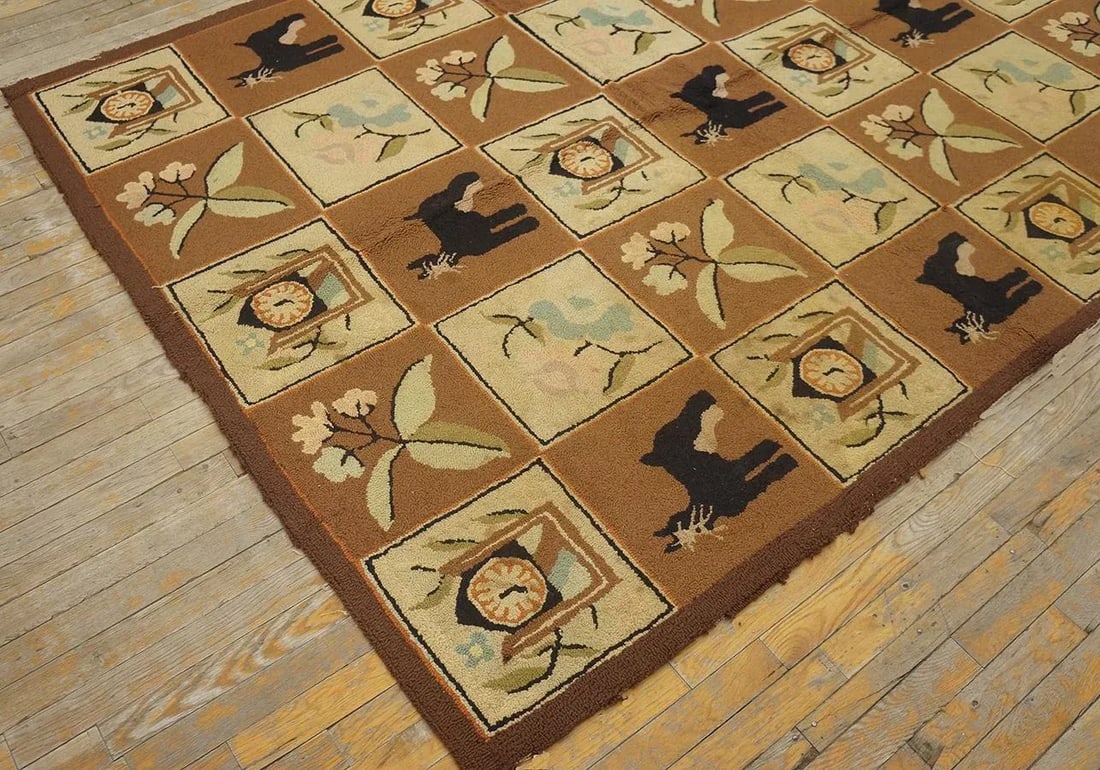 1970s Brown Vintage Animal Design Folk Art American Hooked Carpet Wool Rug - 8