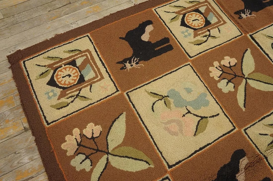 1970s Brown Vintage Animal Design Folk Art American Hooked Carpet Wool Rug - 9