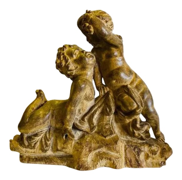 French Wood Carving of Putti: French carved wood Figure of Two Putti with an old white washed finish. Condition: Alterations: Original Condition Unaltered Imperfections: Some Imperfections Condition Notes: Excellent Origin: France