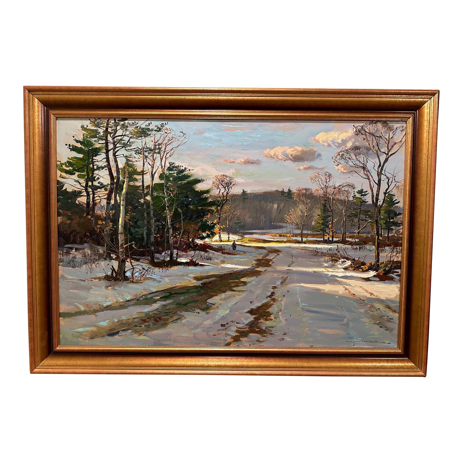 Large Snow Scene by Wayne Morrell: Impressive winter snow scene on a country road with a child in the distance. Signed by Wayne Morrell. Board 24" H x 36" W Oil on board Condition: Alterations: Original Condition Unaltered Imperfection
