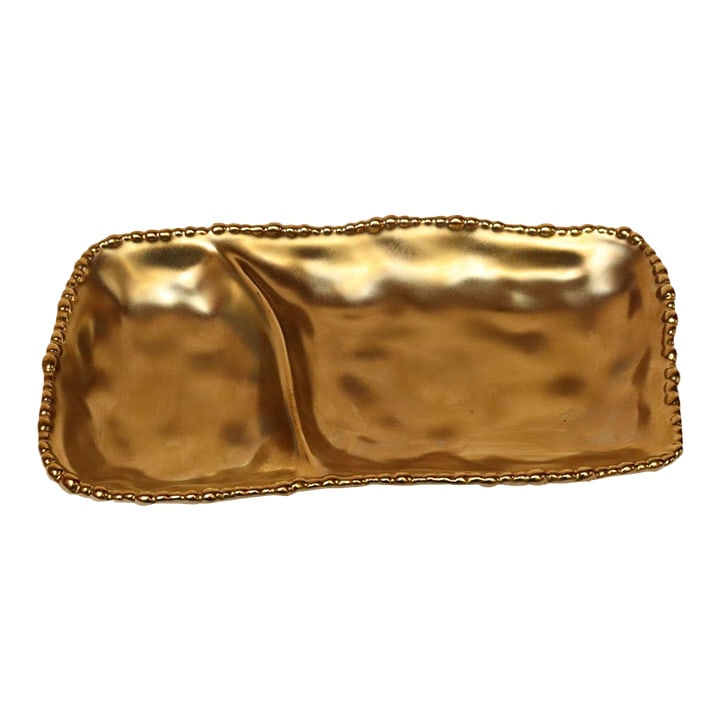 Vintage Gold Toned Porcelain Divided Serving Platter: Vintage divided platter in gold-toned high-fired porcelain with beaded border (ca. later 1970s/early 1980s, USA). A striking, original piece unattributed to a specific designer, but whose design was