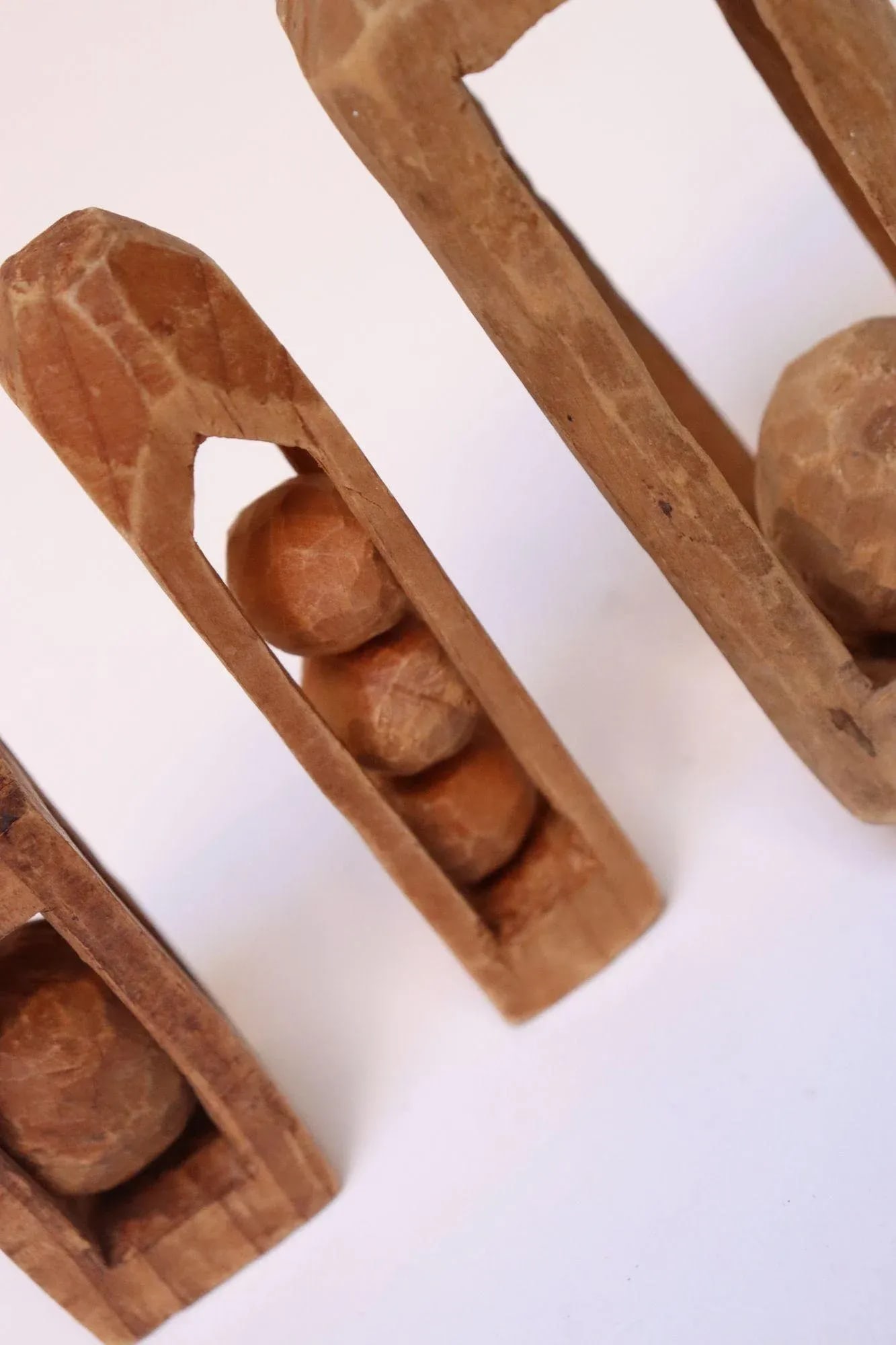 Set of Three Folk Art Petite Handcarved Whimsy Ball in Cage Sculptures - 12
