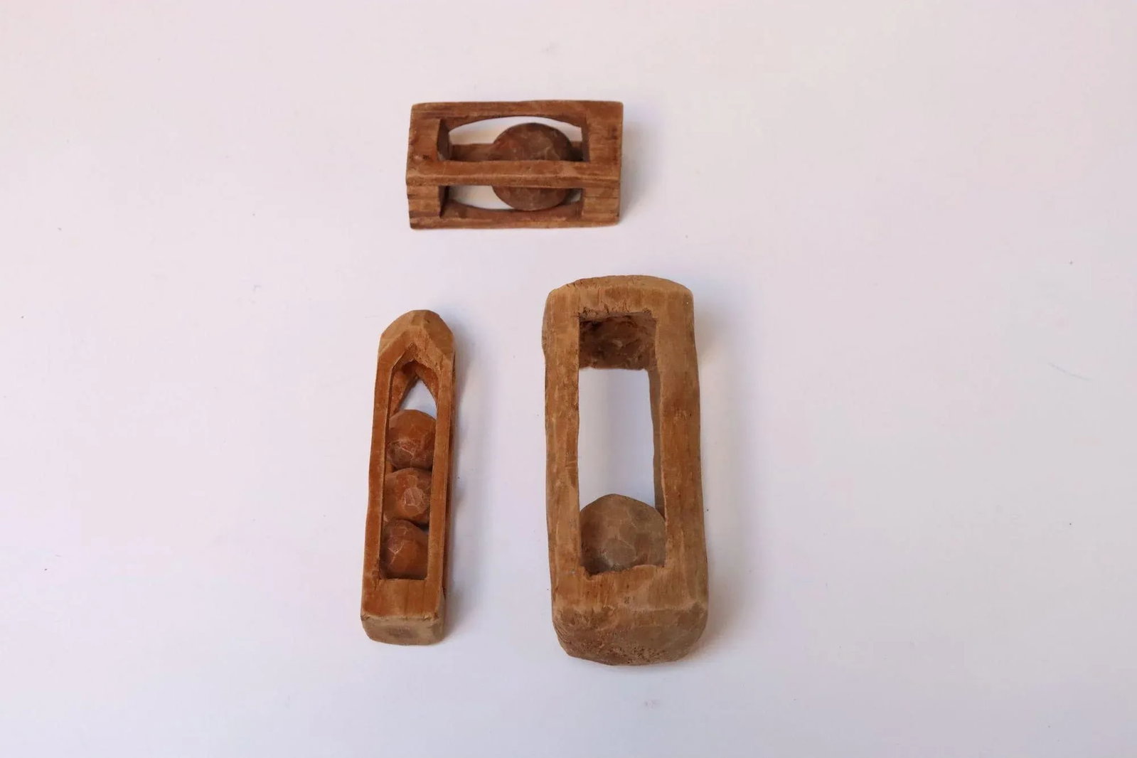 Set of Three Folk Art Petite Handcarved Whimsy Ball in Cage Sculptures - 14