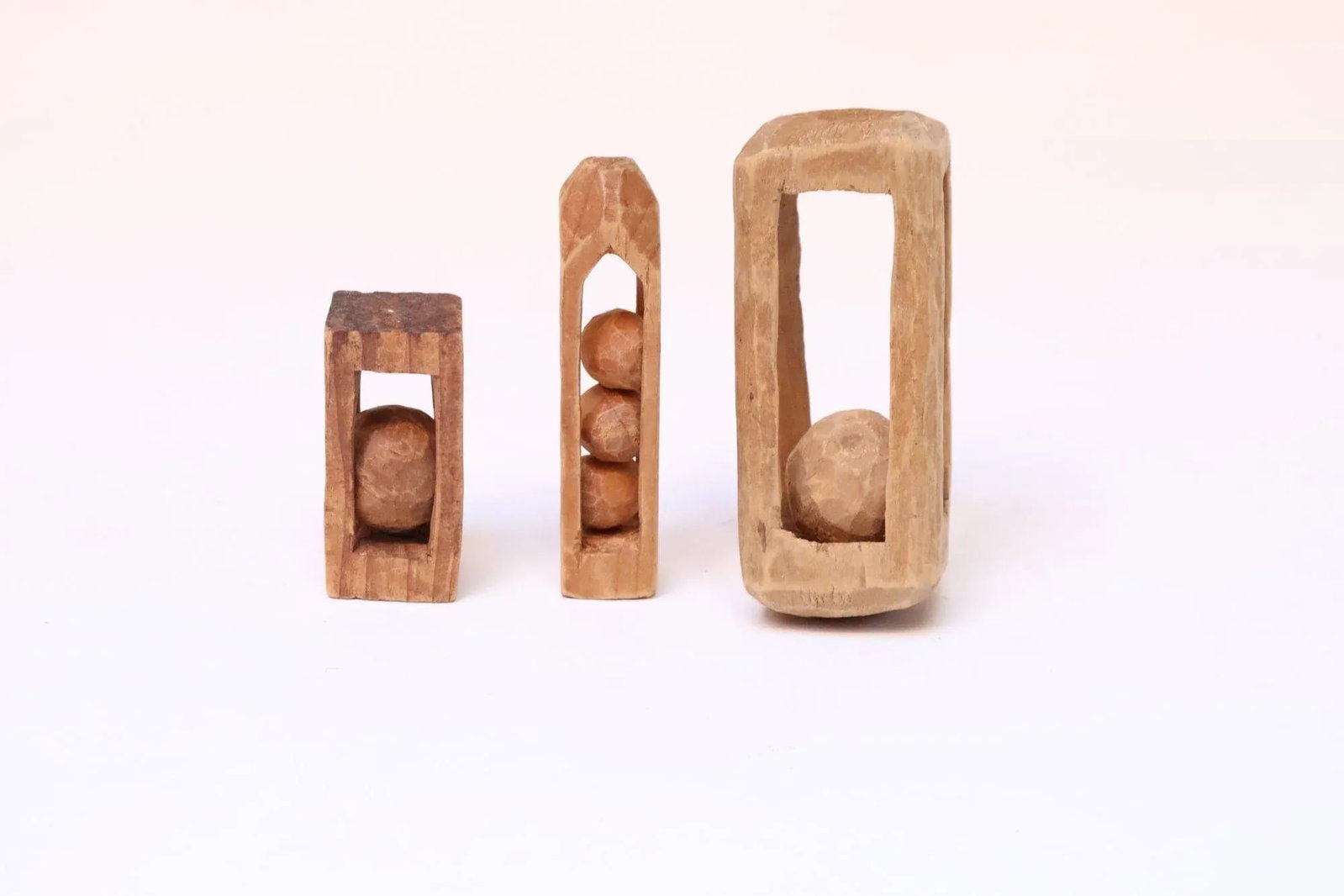 Set of Three Folk Art Petite Handcarved Whimsy Ball in Cage Sculptures - 15