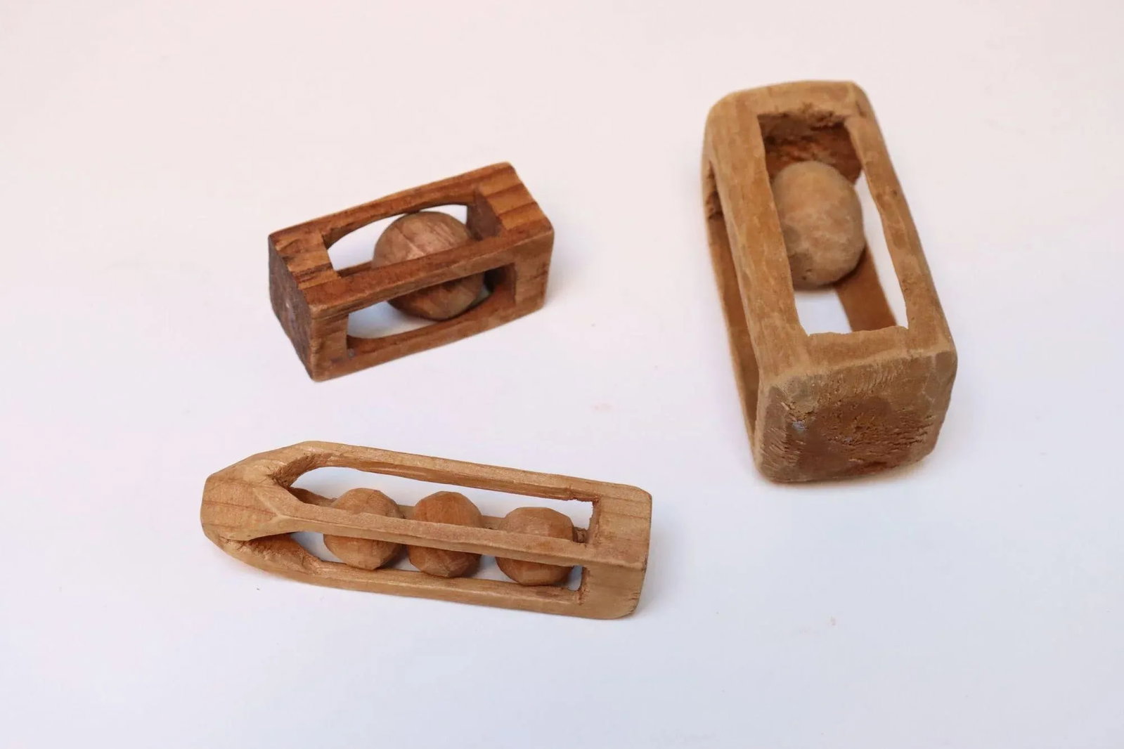 Set of Three Folk Art Petite Handcarved Whimsy Ball in Cage Sculptures - 2