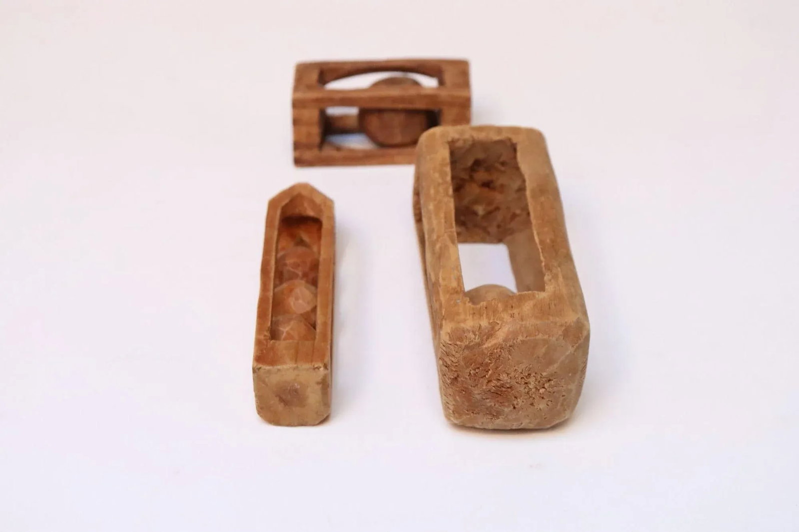 Set of Three Folk Art Petite Handcarved Whimsy Ball in Cage Sculptures - 3