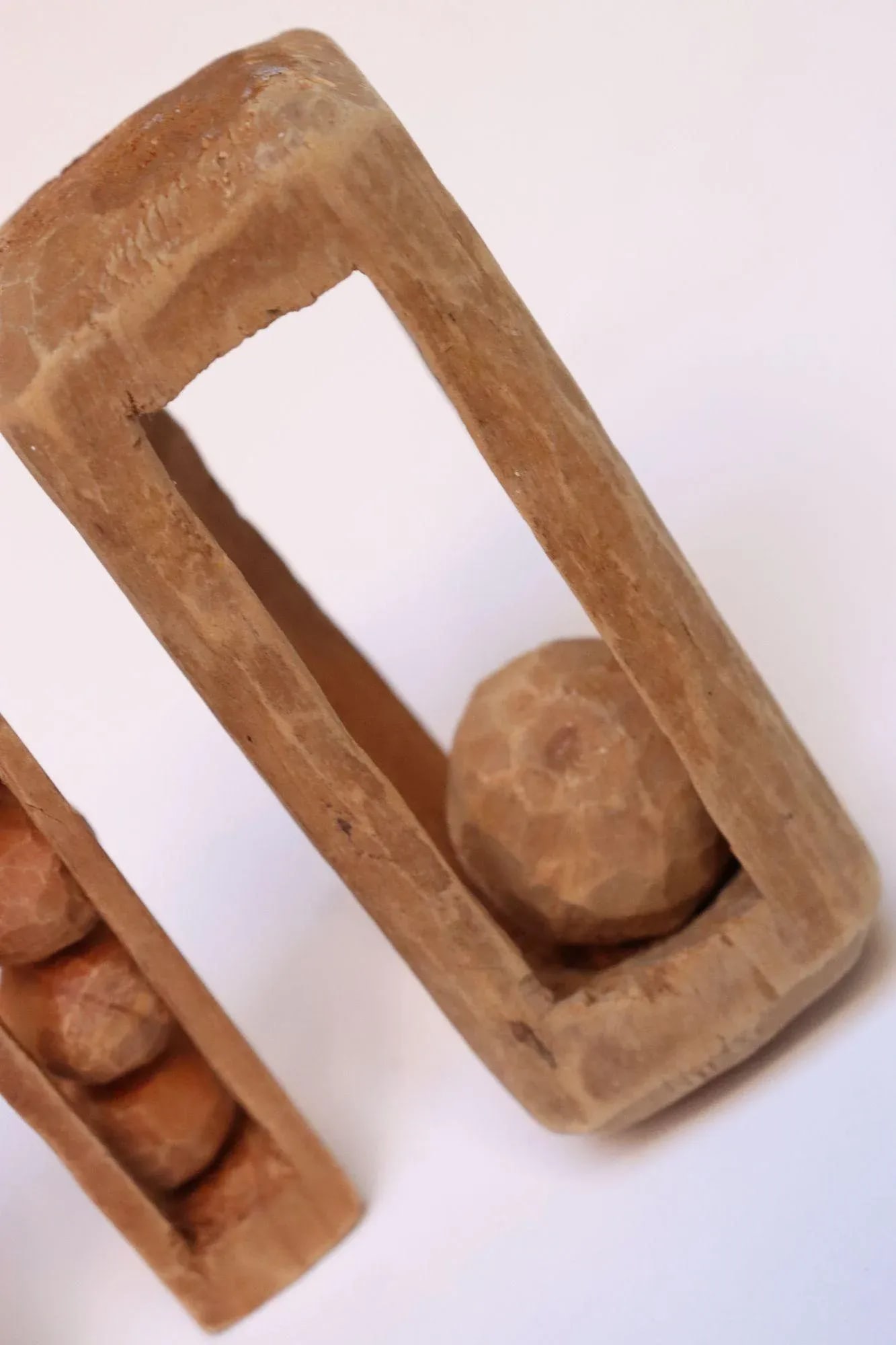 Set of Three Folk Art Petite Handcarved Whimsy Ball in Cage Sculptures - 6