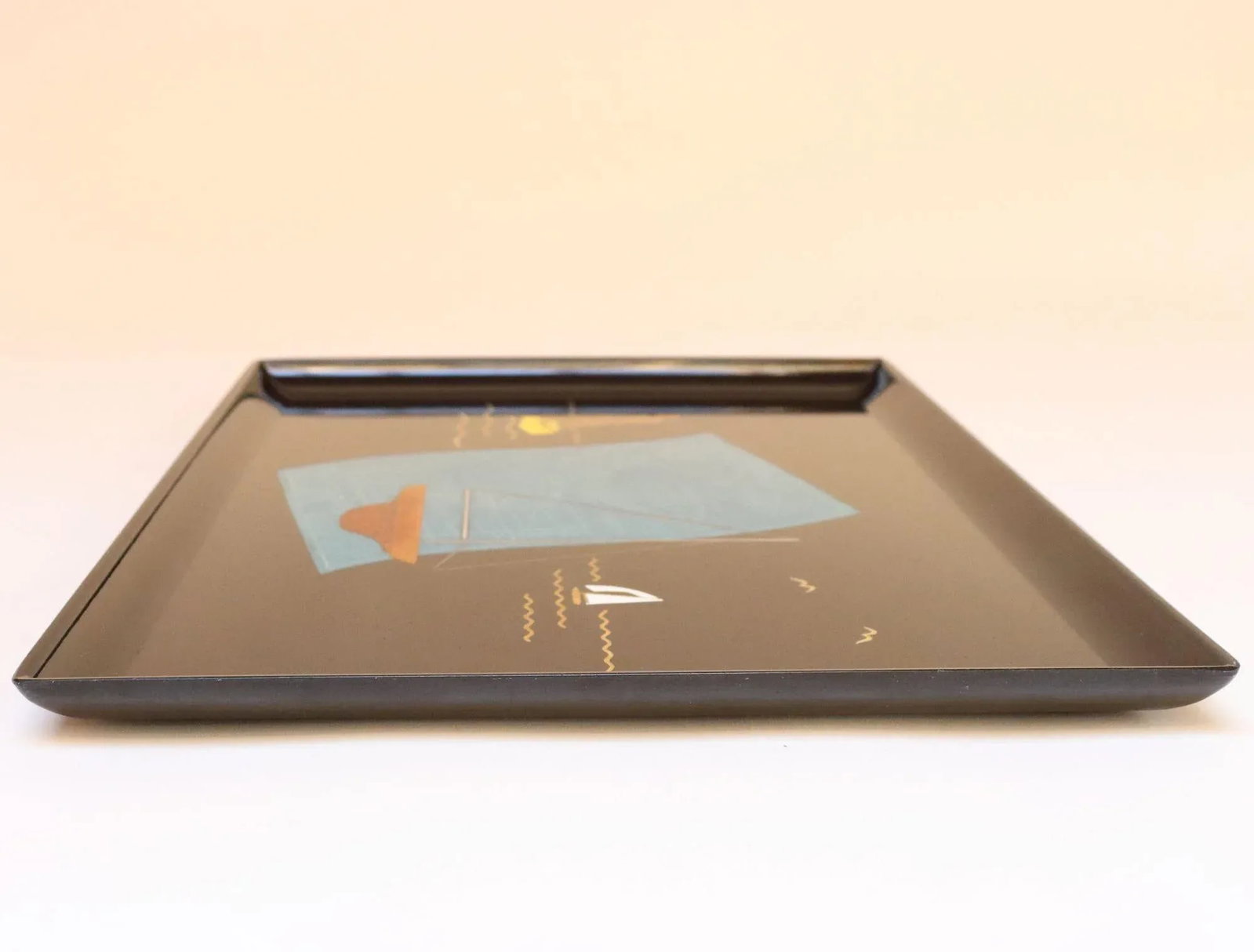 Large Mid-Century Black Resin Tray With Inlaid Sailboats and Lighthouse Motif - 2