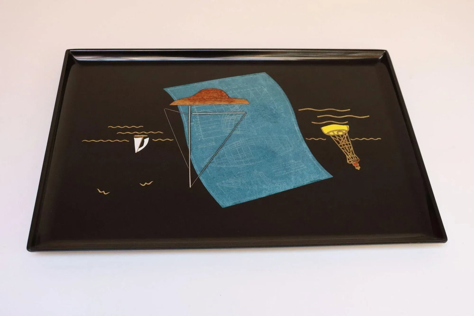 Large Mid-Century Black Resin Tray With Inlaid Sailboats and Lighthouse Motif - 3