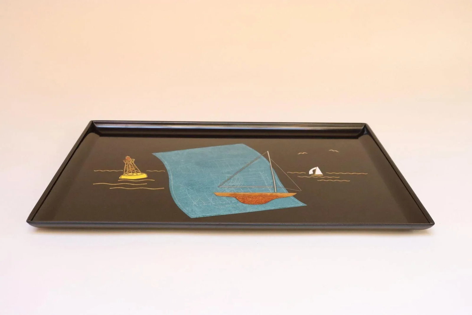 Large Mid-Century Black Resin Tray With Inlaid Sailboats and Lighthouse Motif - 5