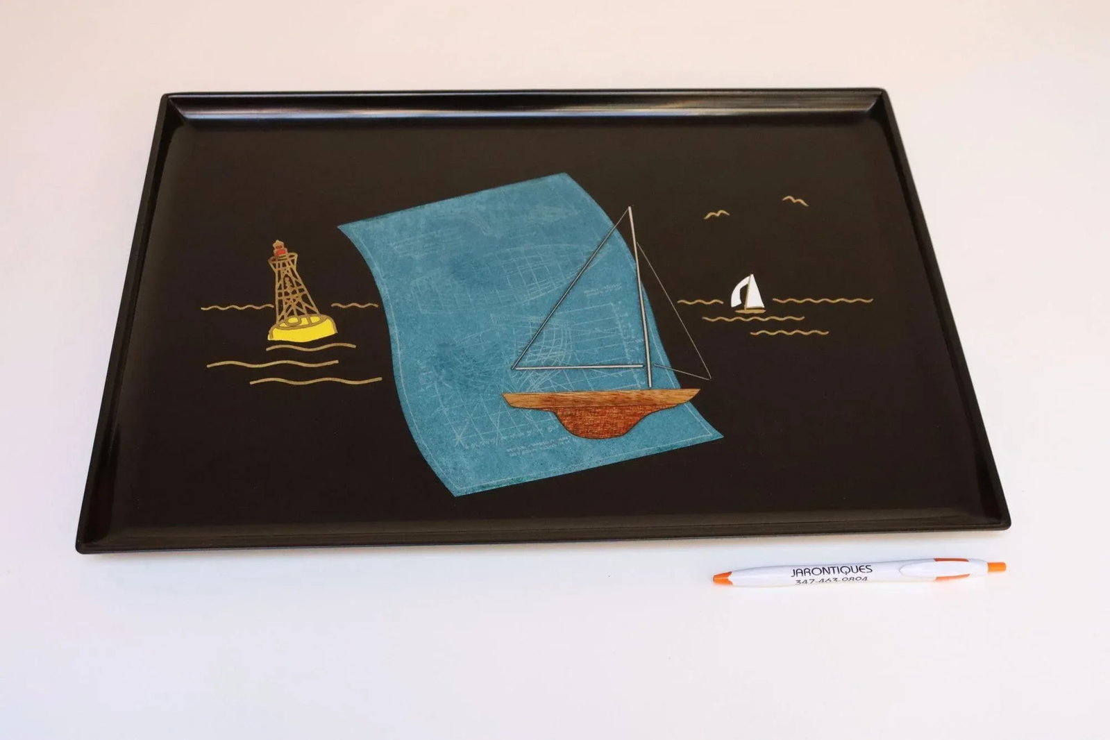 Large Mid-Century Black Resin Tray With Inlaid Sailboats and Lighthouse Motif - 7