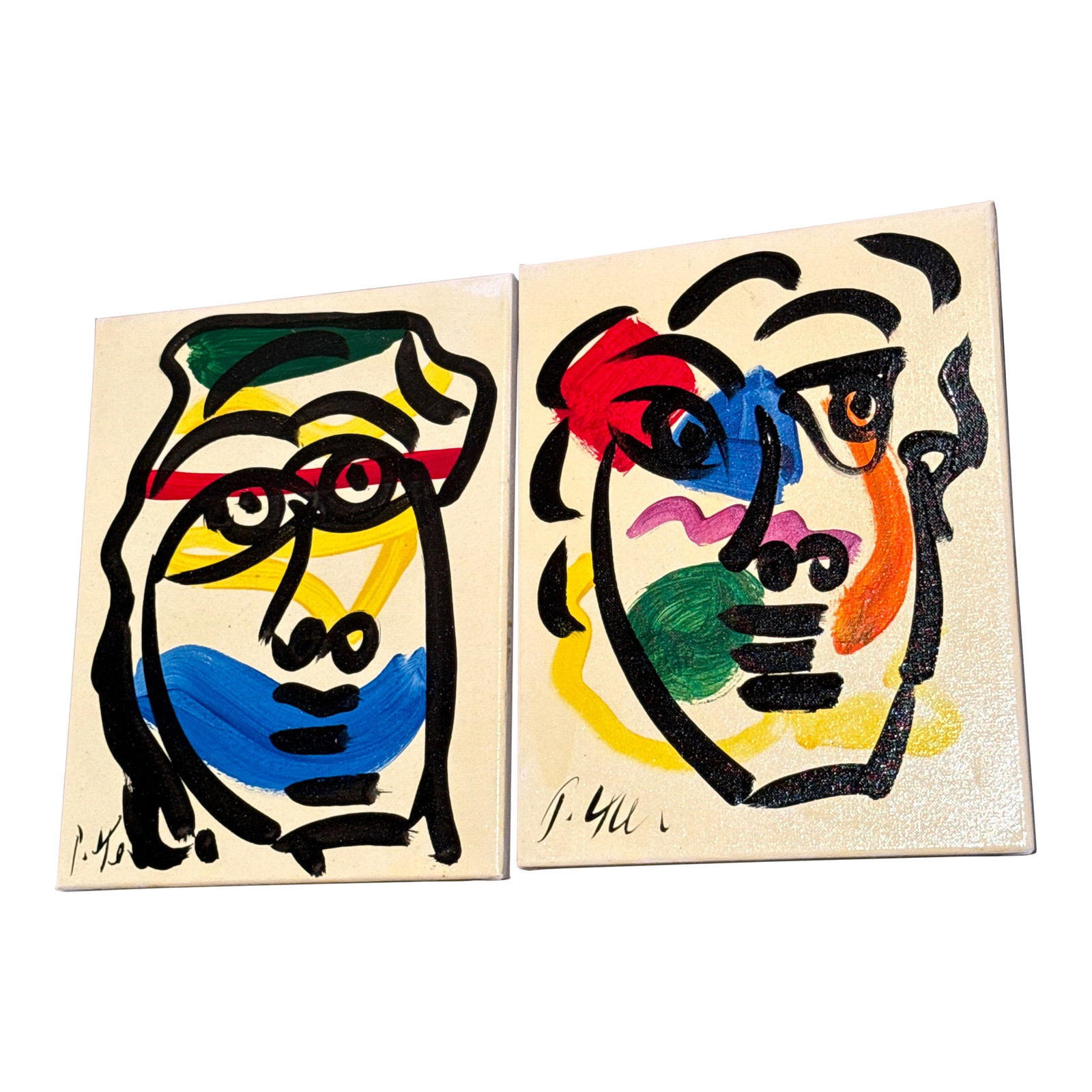 1970s Peter Keil Canvas Paintings a Pair: Great pair of original paintings by Peter Keil. Painted on canvas depicting geometric portraits. Ready to frame or hang. Guaranteed authentic coa on back. Condition: Alterations: Original Condition Un