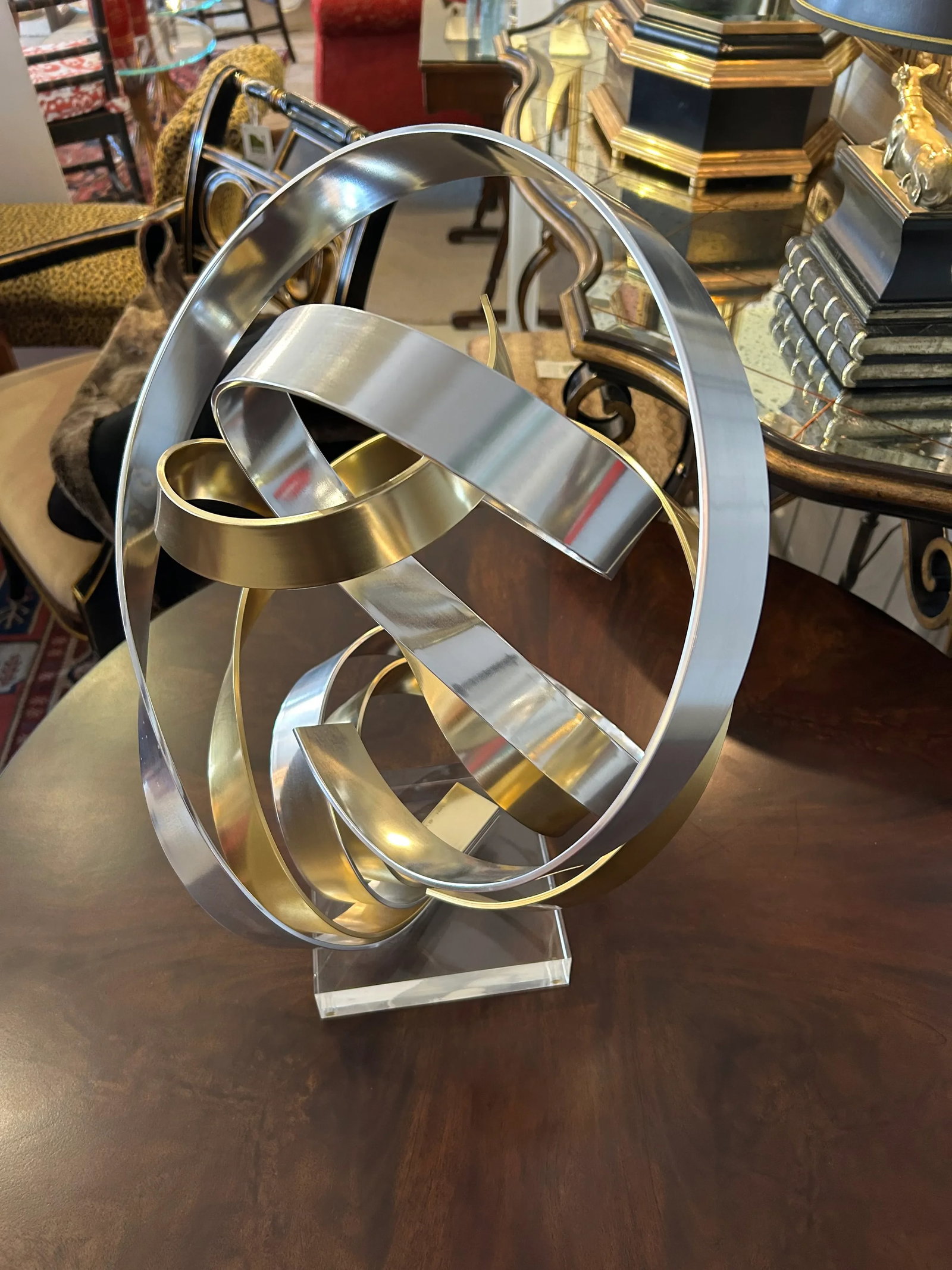 Chrome and Brass Ribbon Motif Abstract Tabletop Sculpture - 8