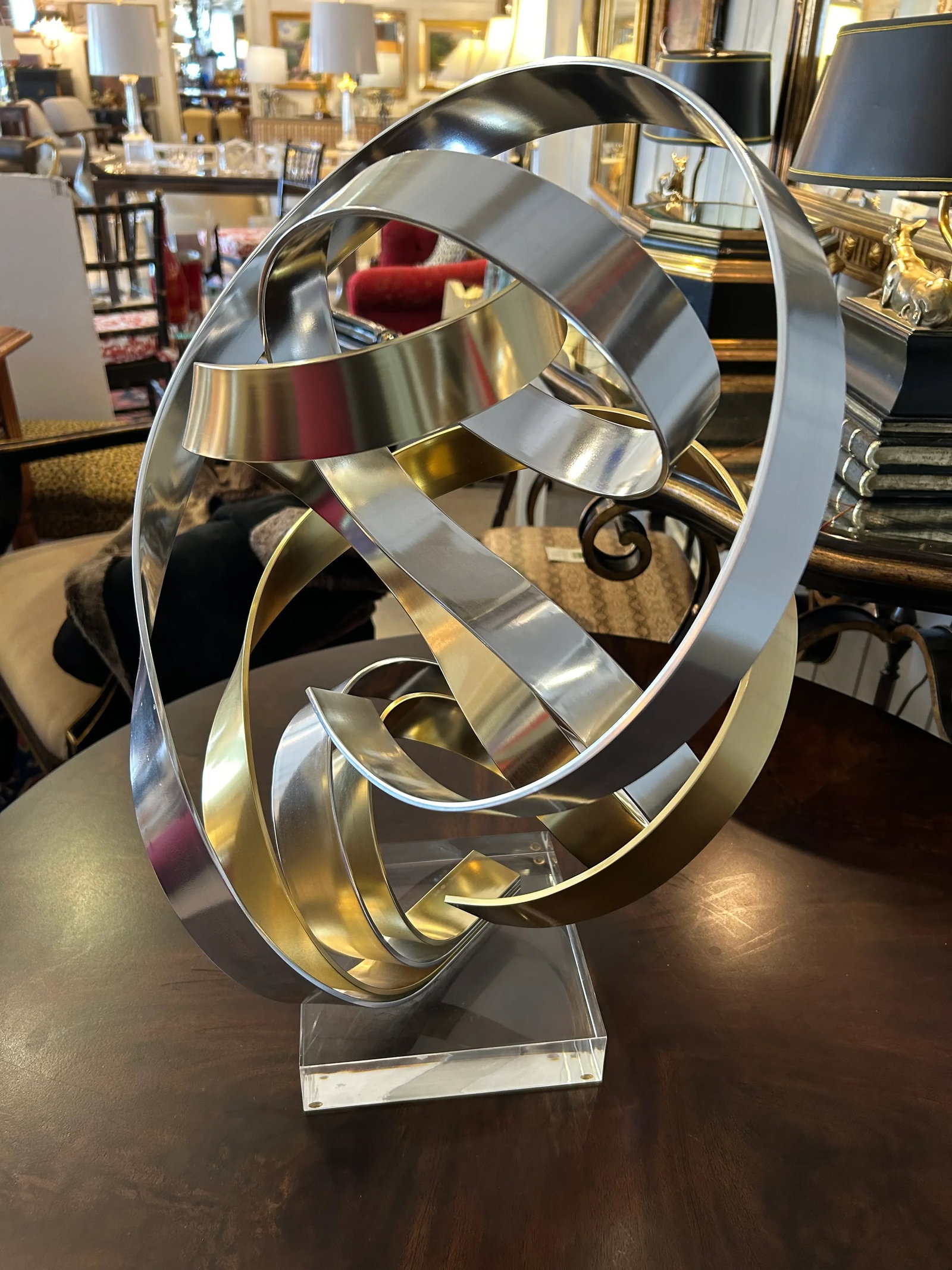 Chrome and Brass Ribbon Motif Abstract Tabletop Sculpture - 9