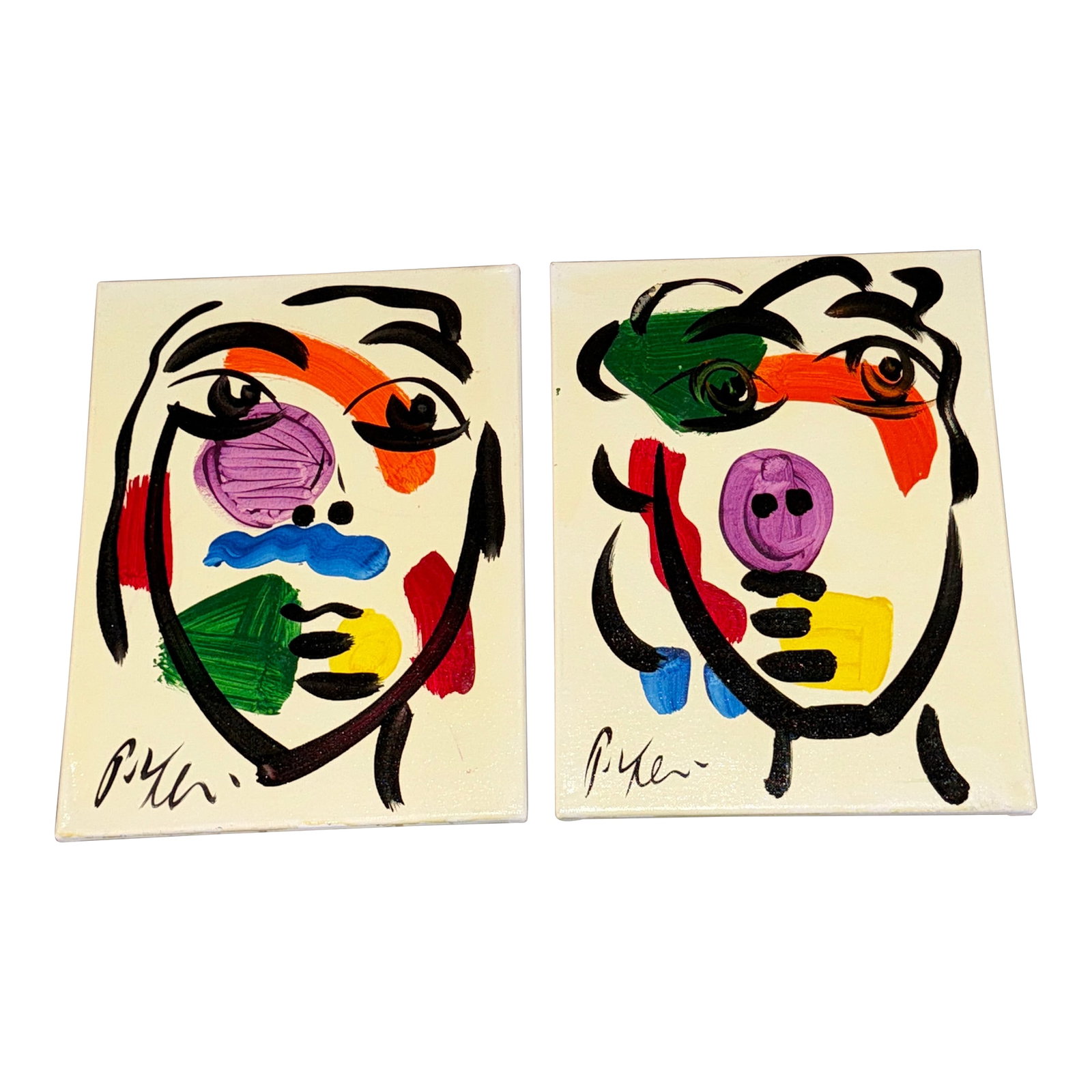 1970s Peter Keil Colorful Portrait Paintings a Pair: Great pair of original paintings by Peter Keil. Painted on canvas depicting geometric portraits. Ready to frame or hang. Guaranteed authentic coa on back. Condition: Alterations: Original Condition Un