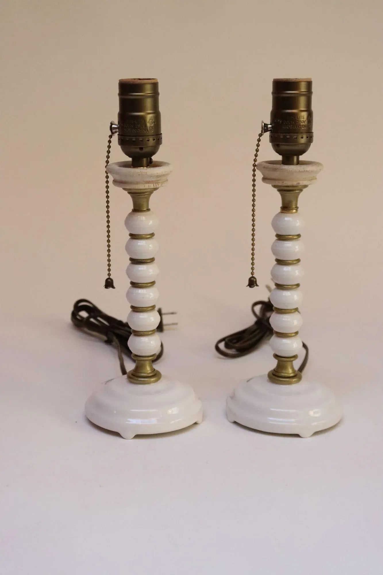 Pair of Vintage Stacked Bobbin Form Porcelain and Brass Boudoir / Bedside Lamps - 2