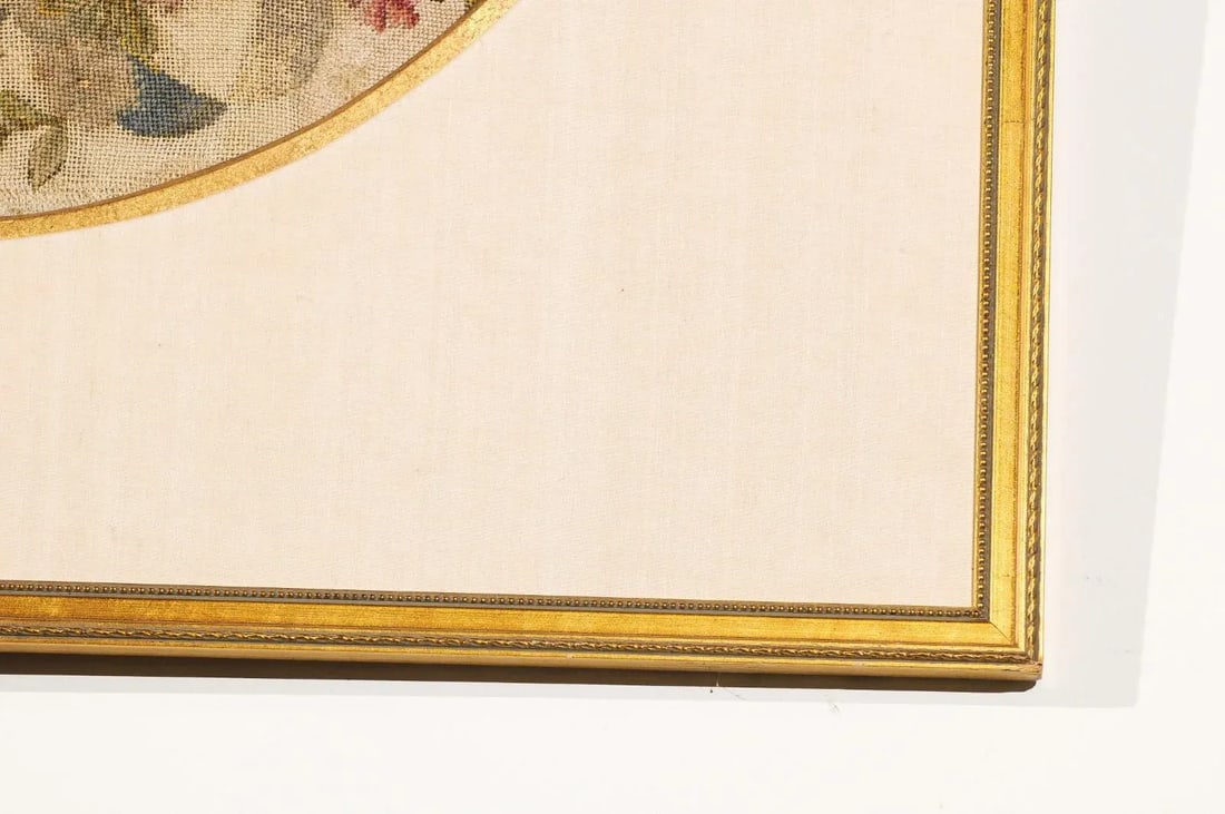 French 19th Century Framed Needlepoint Tapestry with Ribbon and Floral Décor - 11