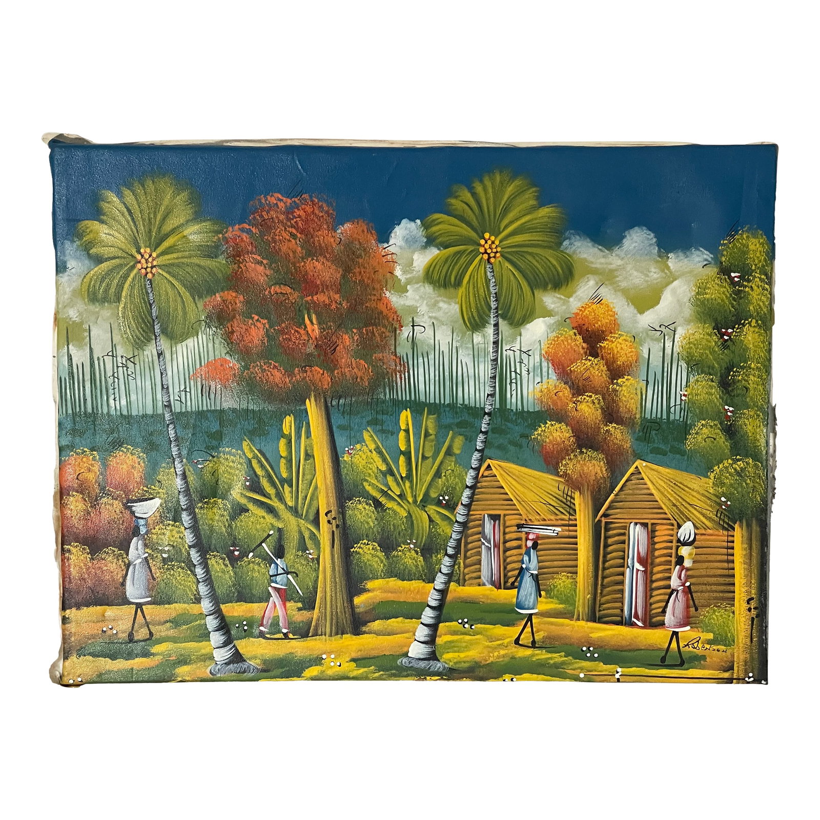 Vintage Haitian Naive Folk Art Painting Signed Roberson: Splendid vintage Haitian acrylic on canvas painting. Signed lower right Robenson. Condition: Alterations: Original Condition Unaltered Imperfections: Some Imperfections Condition Notes: Good condition