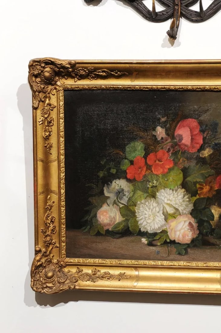 Mid 19th Century French Floral Still Life Oil Painting, Framed - 5