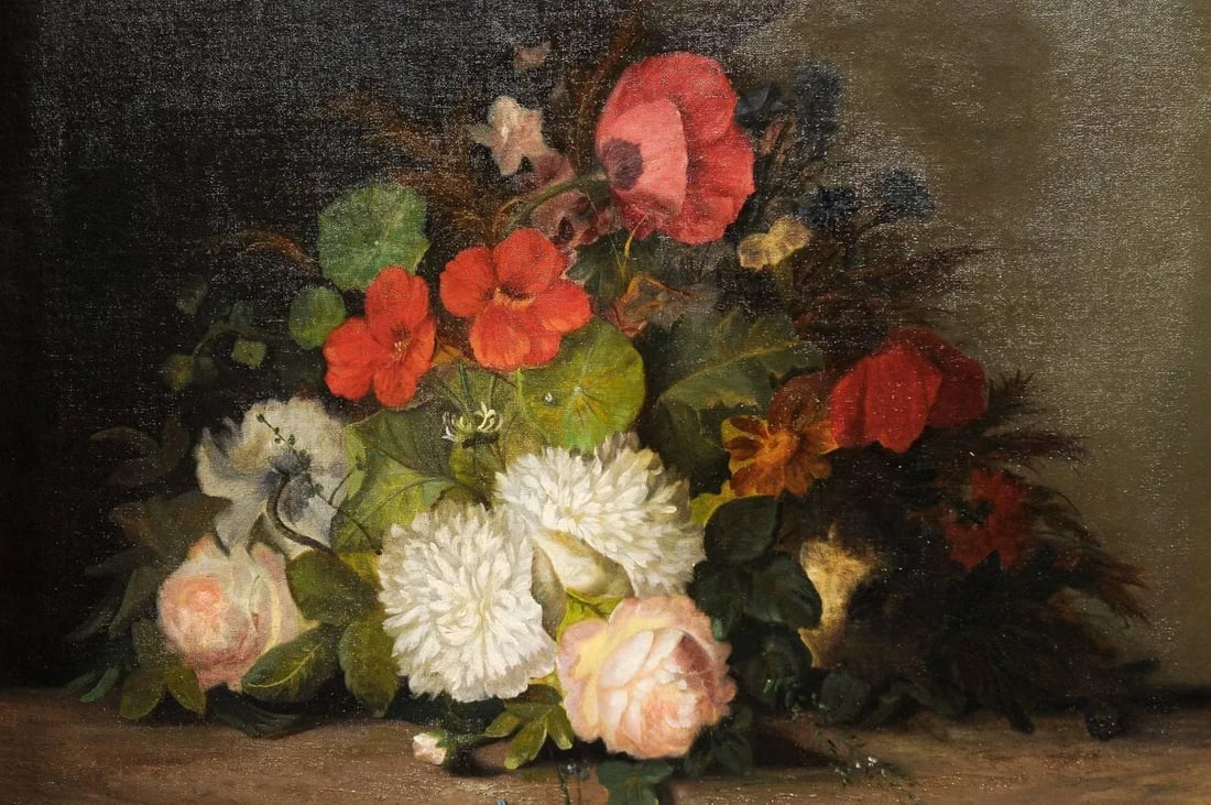 Mid 19th Century French Floral Still Life Oil Painting, Framed - 7
