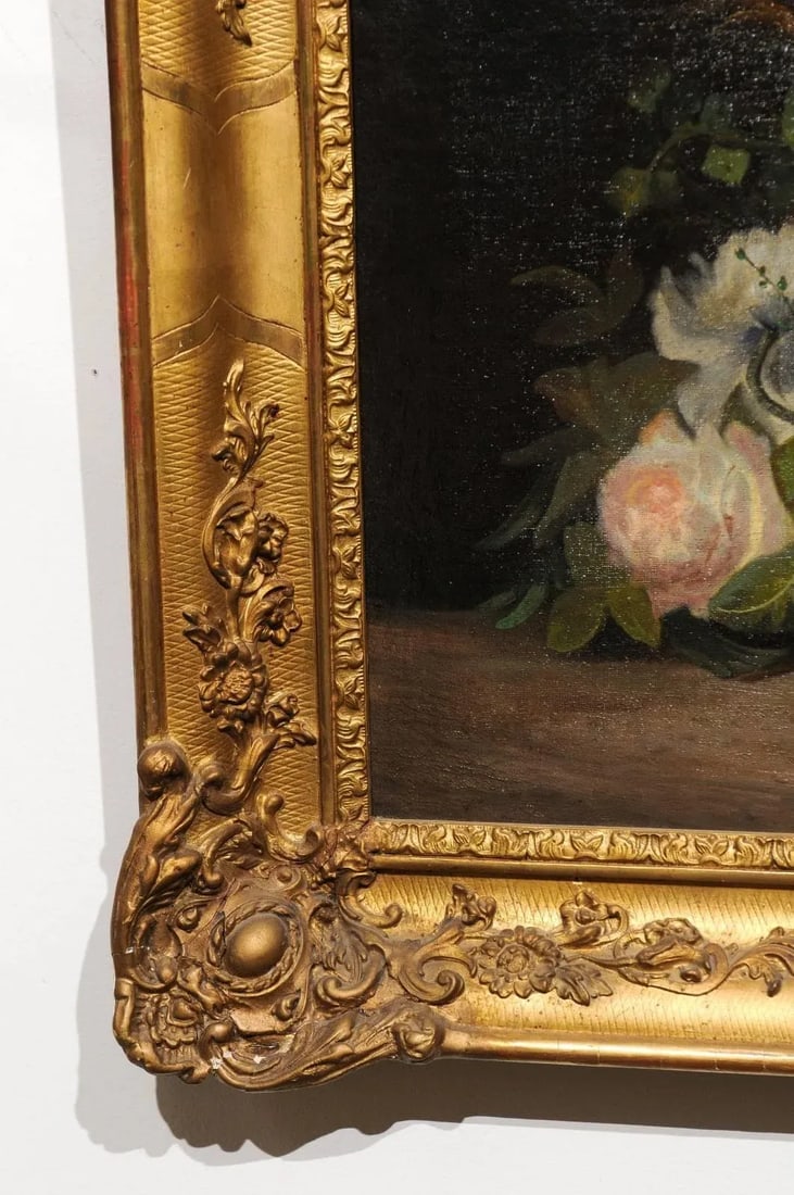 Mid 19th Century French Floral Still Life Oil Painting, Framed - 9