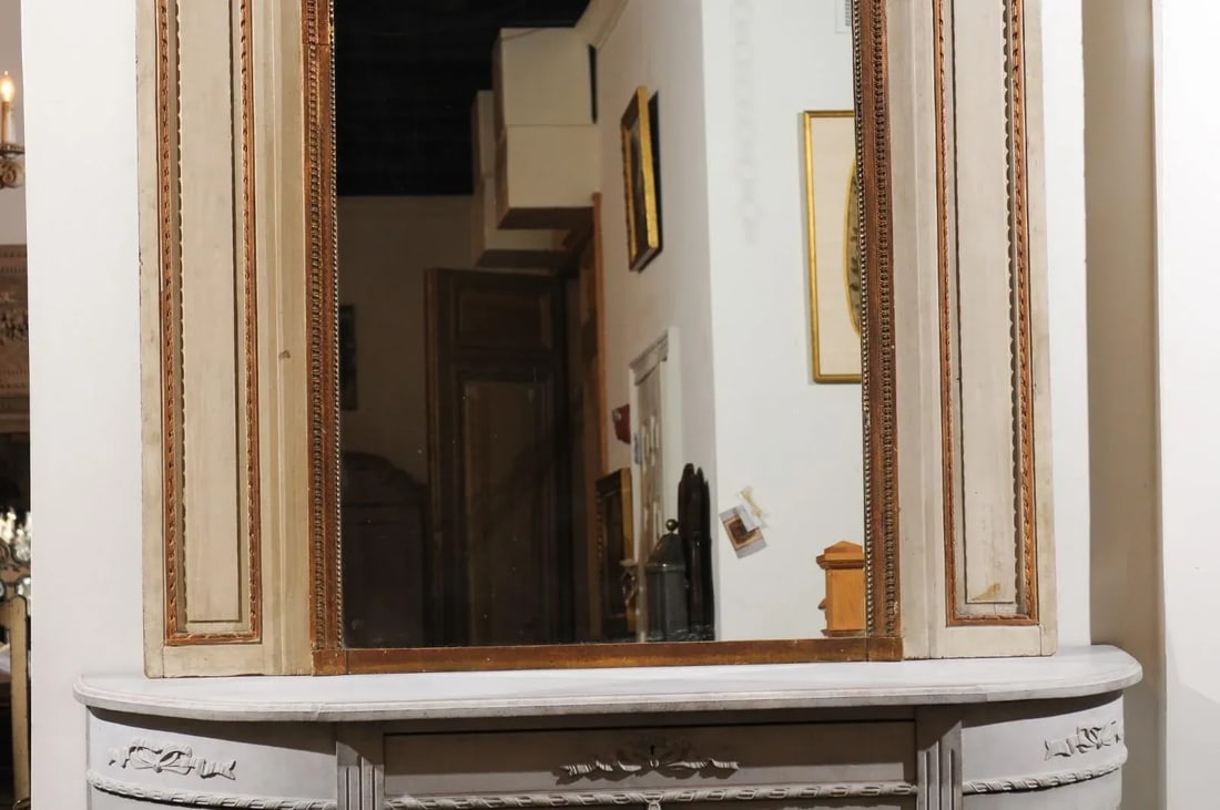 1860s Parisian Louis XVI-Style Trumeau Mirror with Painted Musical Instruments - 3