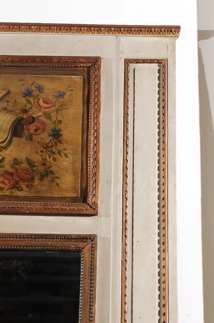 1860s Parisian Louis XVI-Style Trumeau Mirror with Painted Musical Instruments - 4