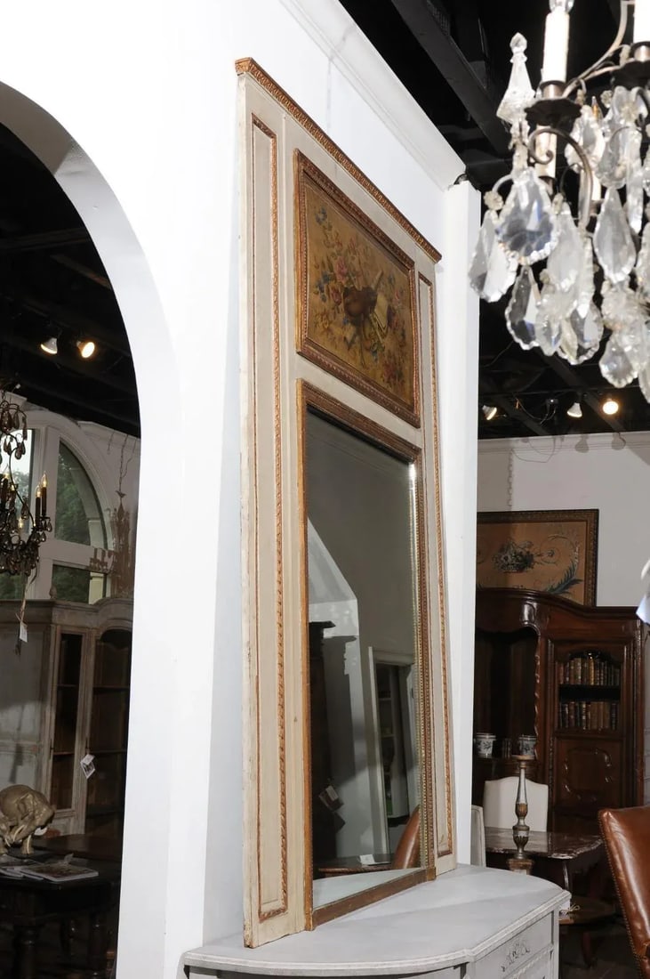 1860s Parisian Louis XVI-Style Trumeau Mirror with Painted Musical Instruments - 7