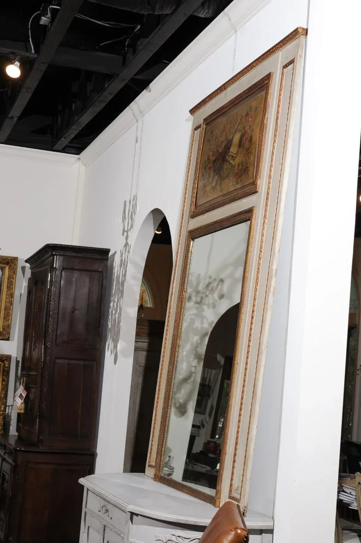1860s Parisian Louis XVI-Style Trumeau Mirror with Painted Musical Instruments - 8