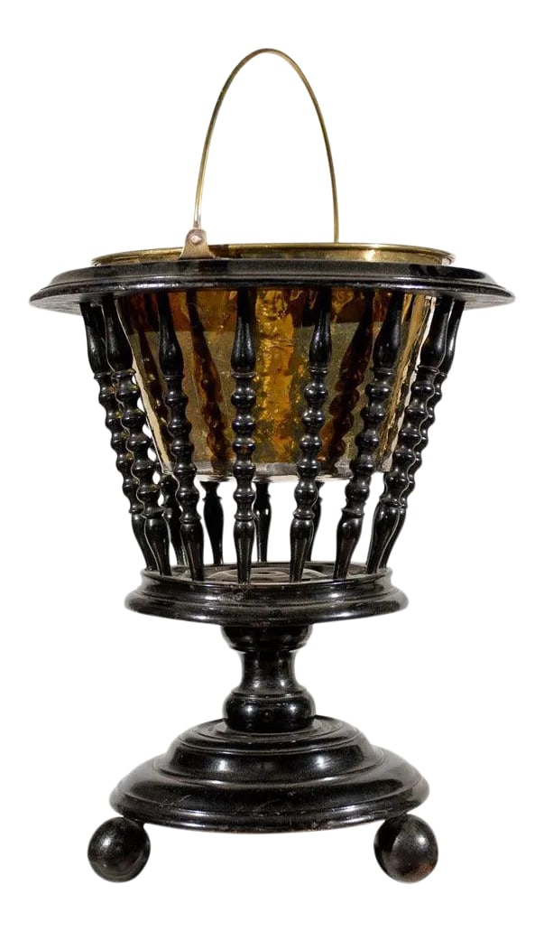 Dutch 1840s Ebonized Wood Jardinière with Brass Liner and Turned Spindles: A Dutch ebonized wood jardinière from the mid 19th century, with brass liner, turned spindles and ball feet. Born in the Netherlands during the first half of the 19th century, this charming jardi