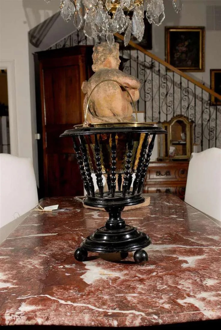Dutch 1840s Ebonized Wood Jardinière with Brass Liner and Turned Spindles - 3