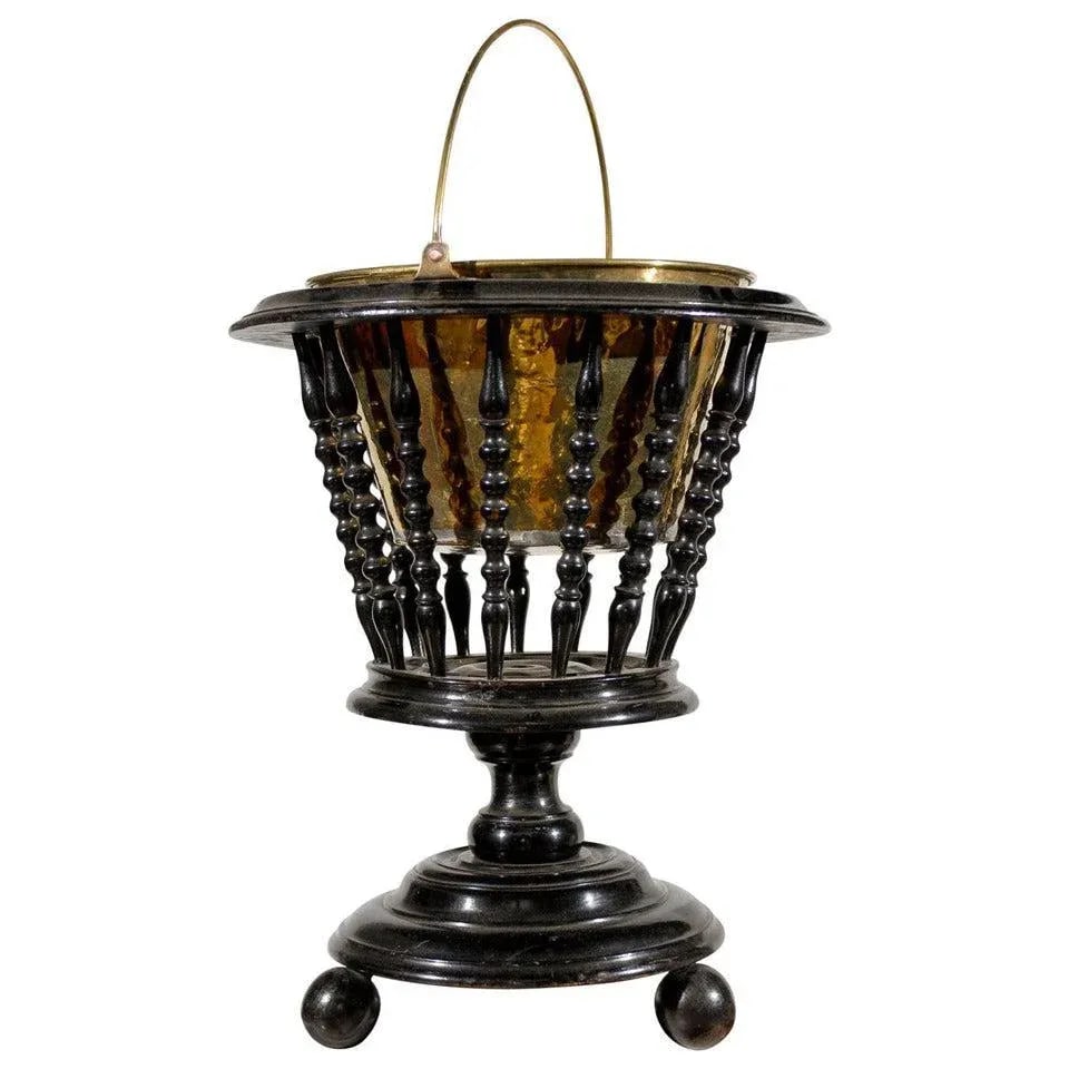 Dutch 1840s Ebonized Wood Jardinière with Brass Liner and Turned Spindles - 8