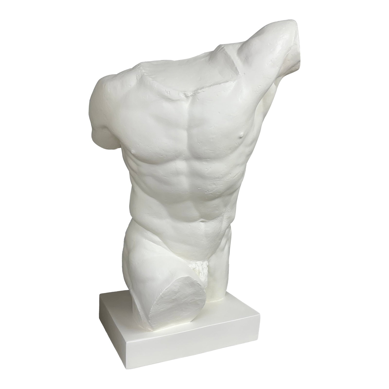 1940s Italian Plaster Male Torso Sculpture of a Classical Athlete: Italian Plaster Male Torso Sculpture Of A Classical Athlete. Offered is a handsome large Italian plaster male torso sculpture on plinth. This is a beautiful detailed copy of an original ancient