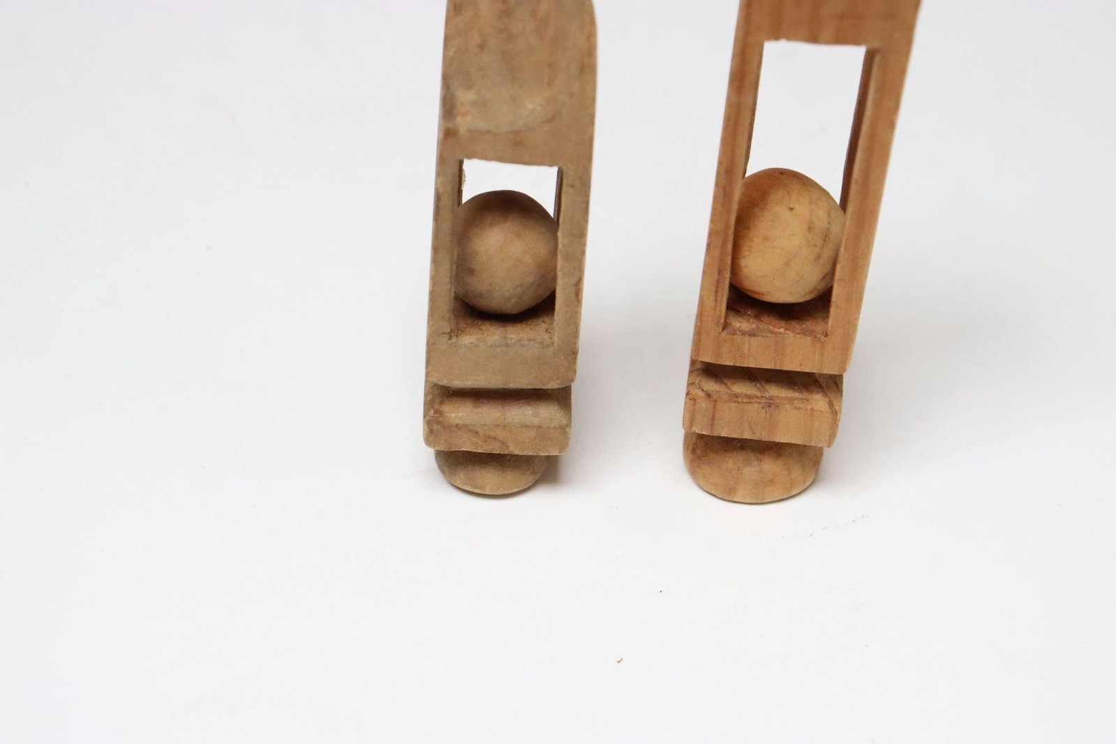 Set of Two Small Folk Art Hand Carved Trench Art Whimsy Ball in Cage Sculptures - 11