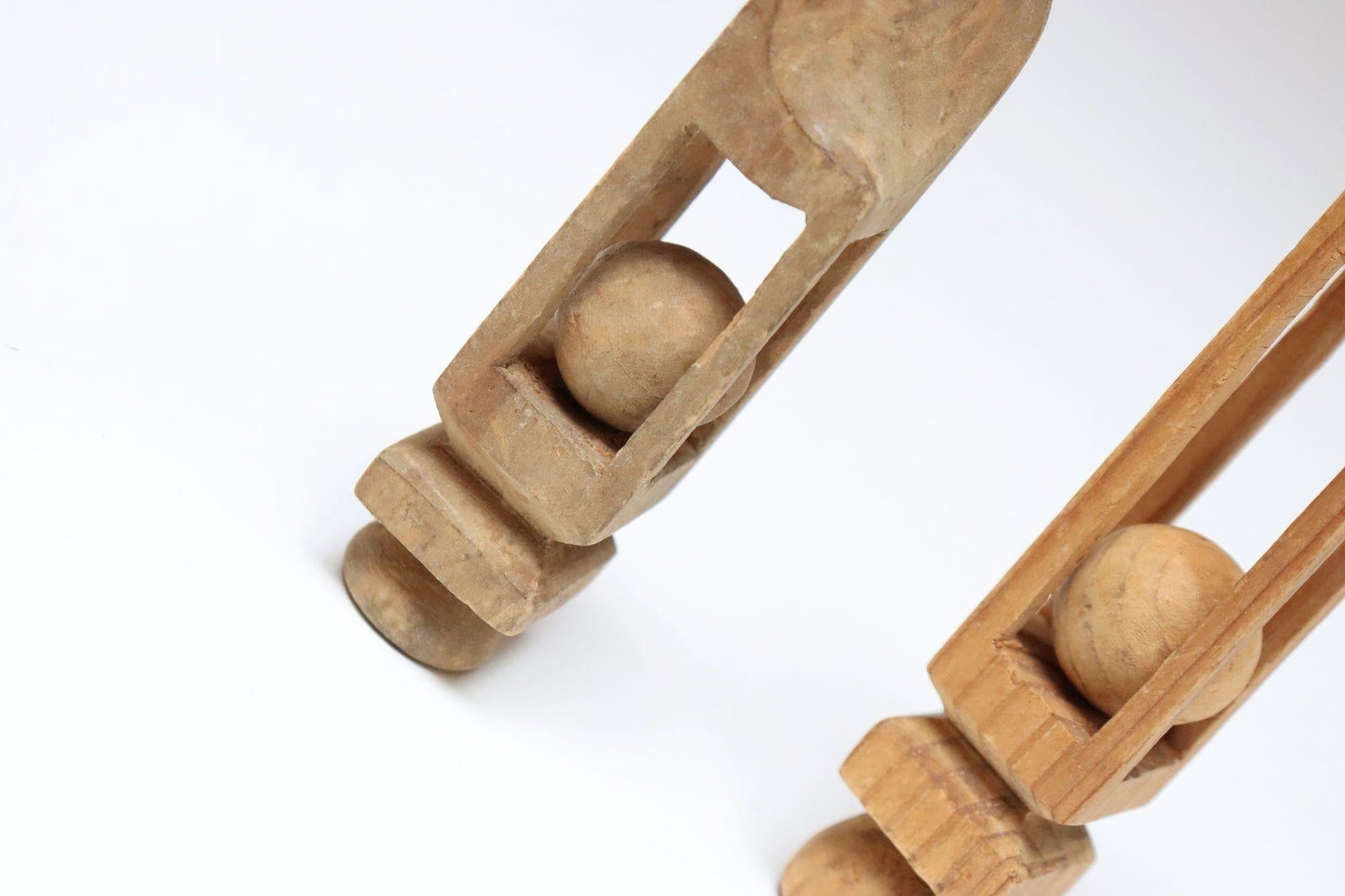 Set of Two Small Folk Art Hand Carved Trench Art Whimsy Ball in Cage Sculptures - 13