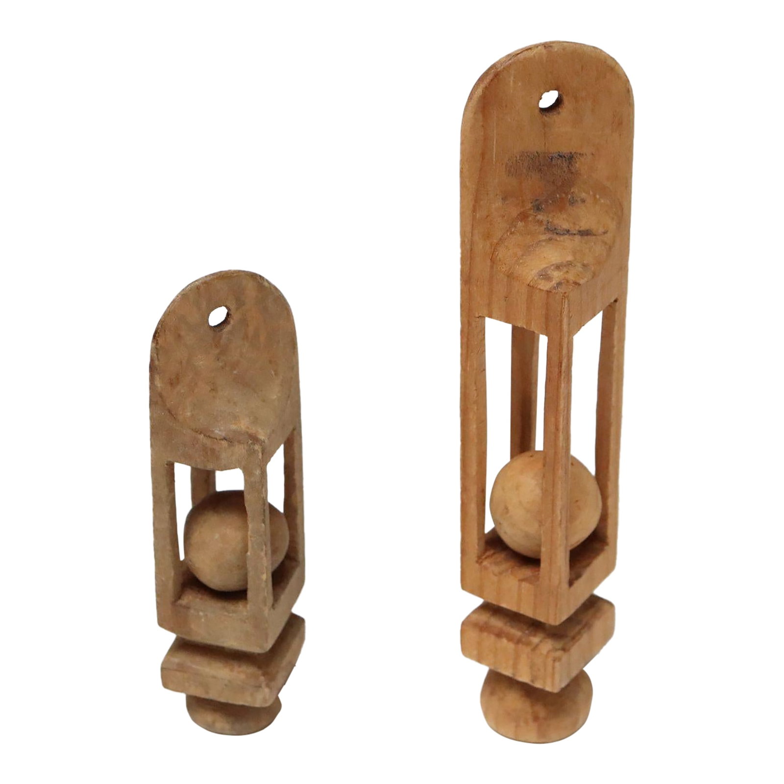Set of Two Small Folk Art Hand Carved Trench Art Whimsy Ball in Cage Sculptures: Two small trench art hand-carved whimsy 'ball in cage' sculptures, each whittled from one continuous piece of wood (ca. early 20th Century, USA). Naïve style lacking refinement and perfect