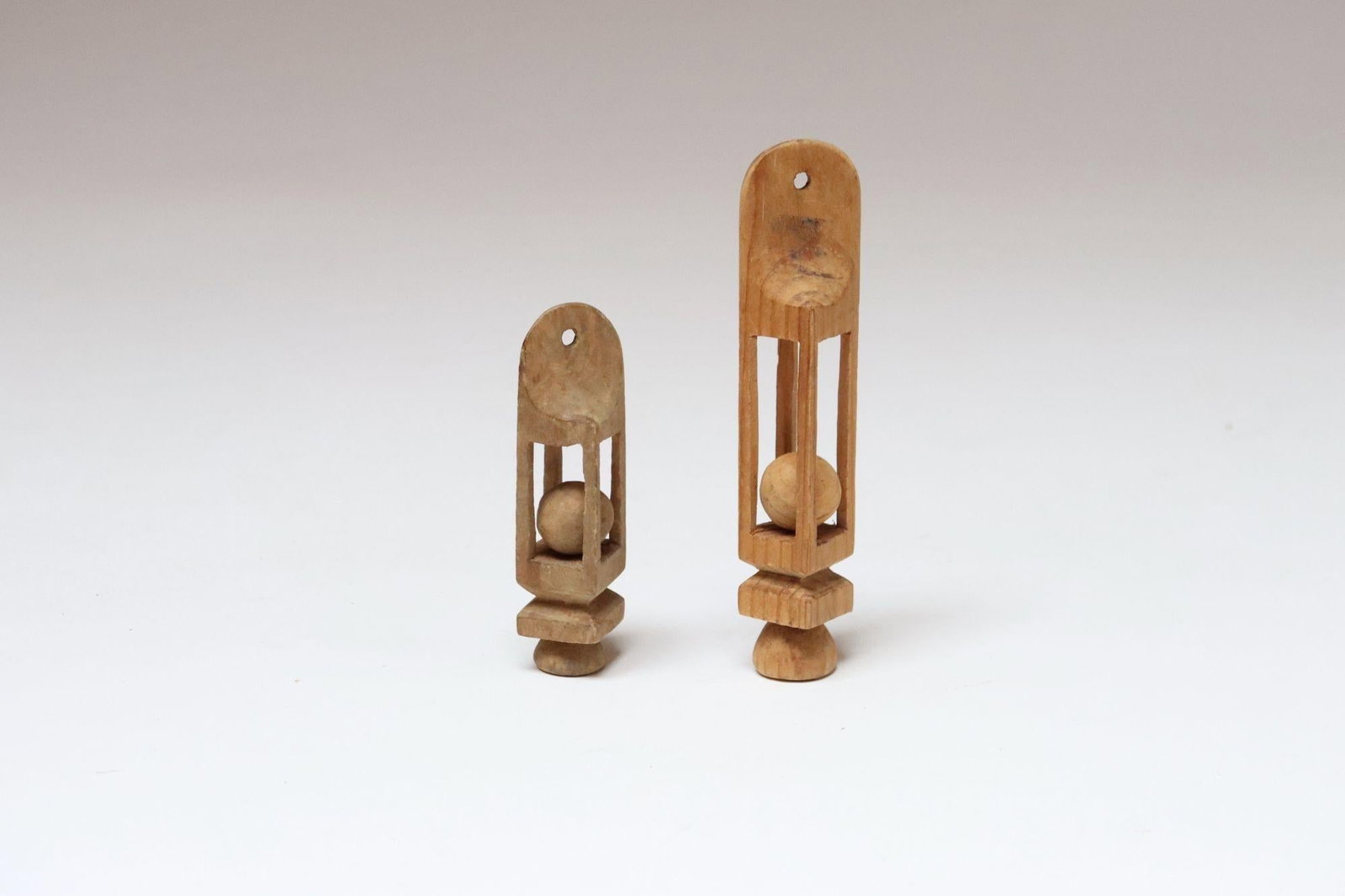 Set of Two Small Folk Art Hand Carved Trench Art Whimsy Ball in Cage Sculptures - 3