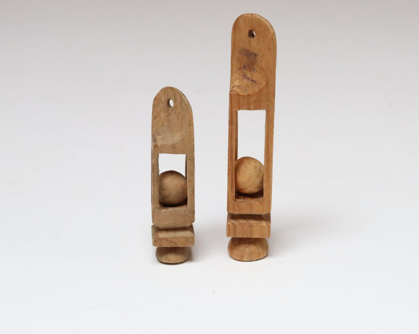 Set of Two Small Folk Art Hand Carved Trench Art Whimsy Ball in Cage Sculptures - 4