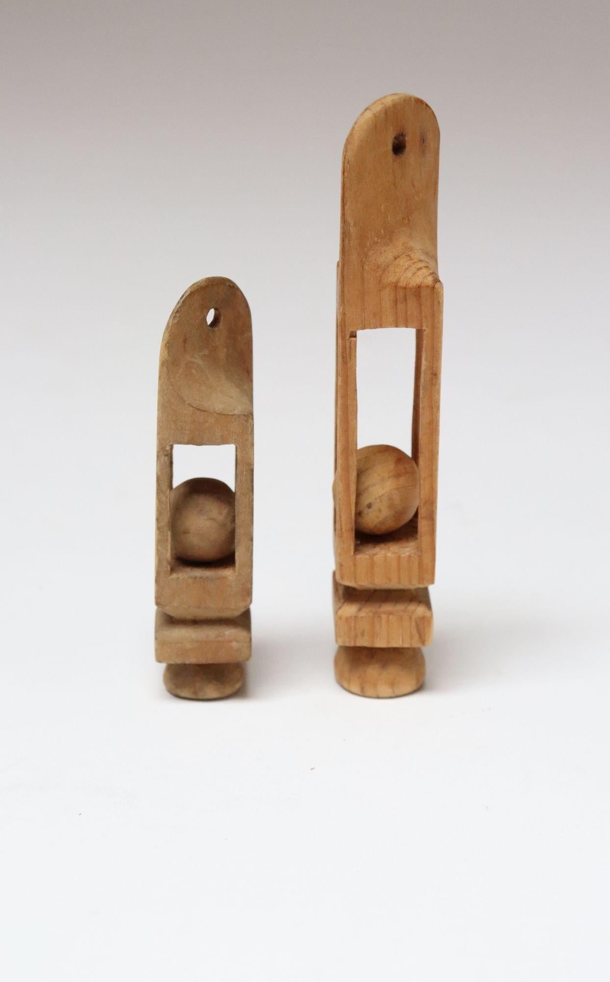 Set of Two Small Folk Art Hand Carved Trench Art Whimsy Ball in Cage Sculptures - 5