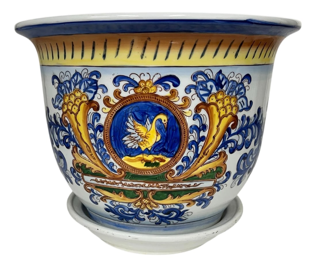 Vintage Large Hand Painted Chinoiserie Blue and White Golden Swan Design Cache Pot Planter: Vintage large hand painted ceramic chinoiserie cache pot planter with drip tray. Adorned with blue florals golden swan pattern. Some minor imperfections from the firing process. Pattern on rim has som