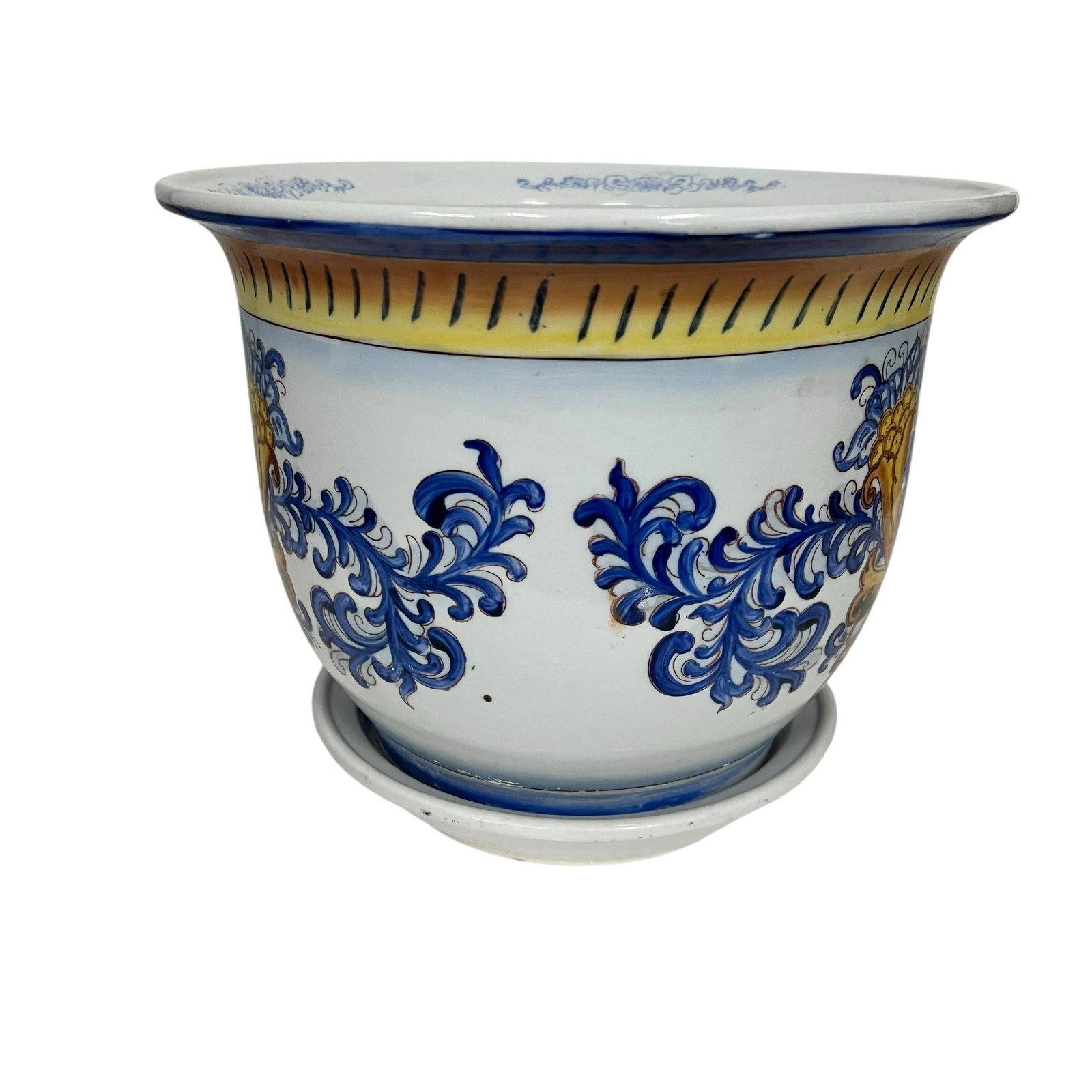 Vintage Large Hand Painted Chinoiserie Blue and White Golden Swan Design Cache Pot Planter - 2