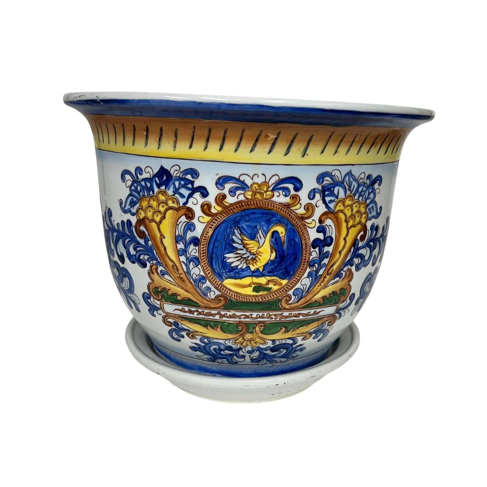 Vintage Large Hand Painted Chinoiserie Blue and White Golden Swan Design Cache Pot Planter - 3