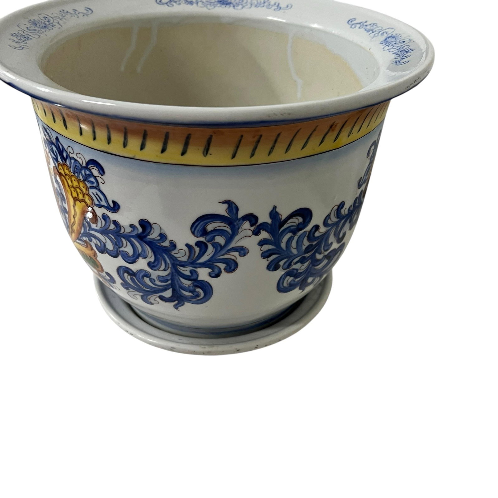 Vintage Large Hand Painted Chinoiserie Blue and White Golden Swan Design Cache Pot Planter - 4