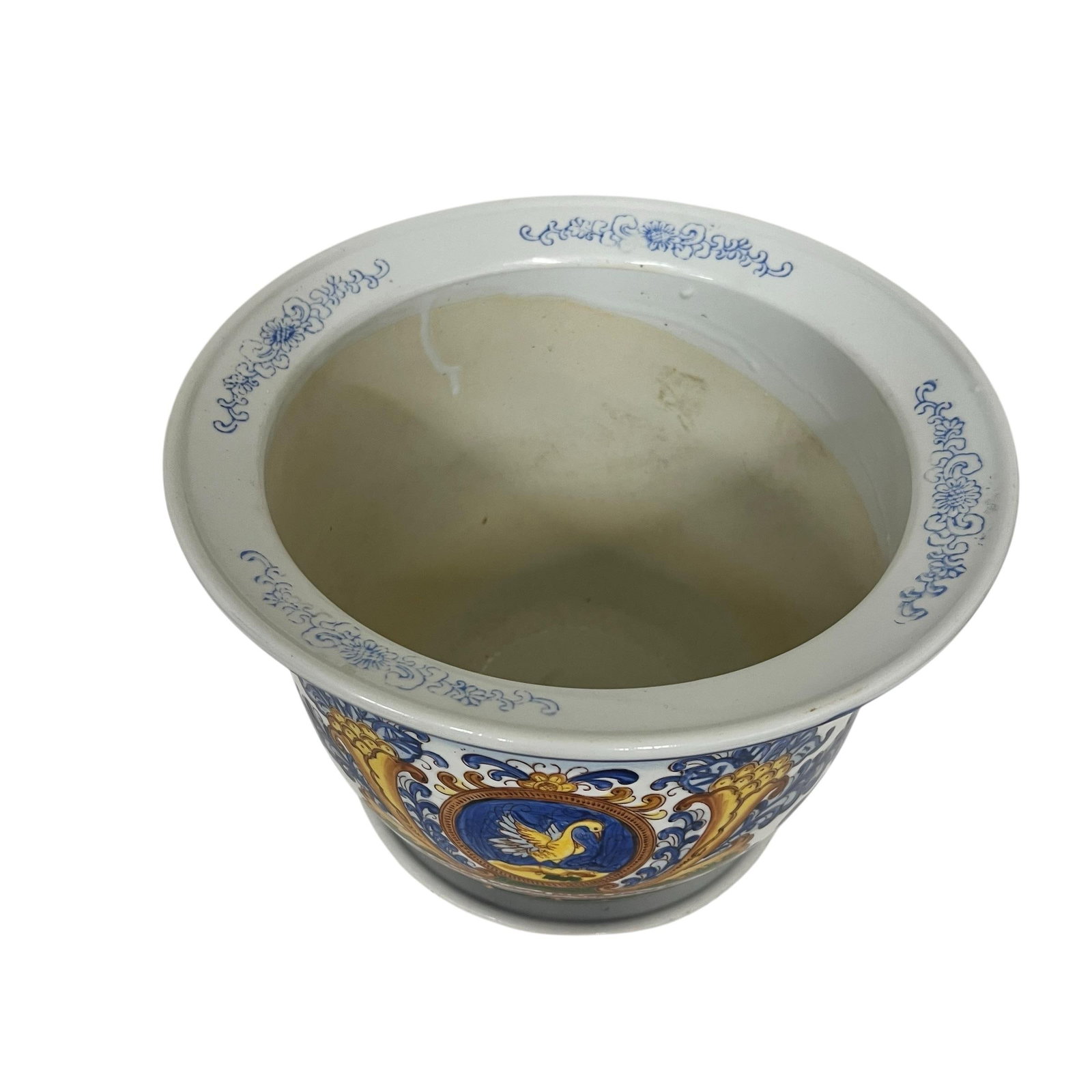 Vintage Large Hand Painted Chinoiserie Blue and White Golden Swan Design Cache Pot Planter - 5