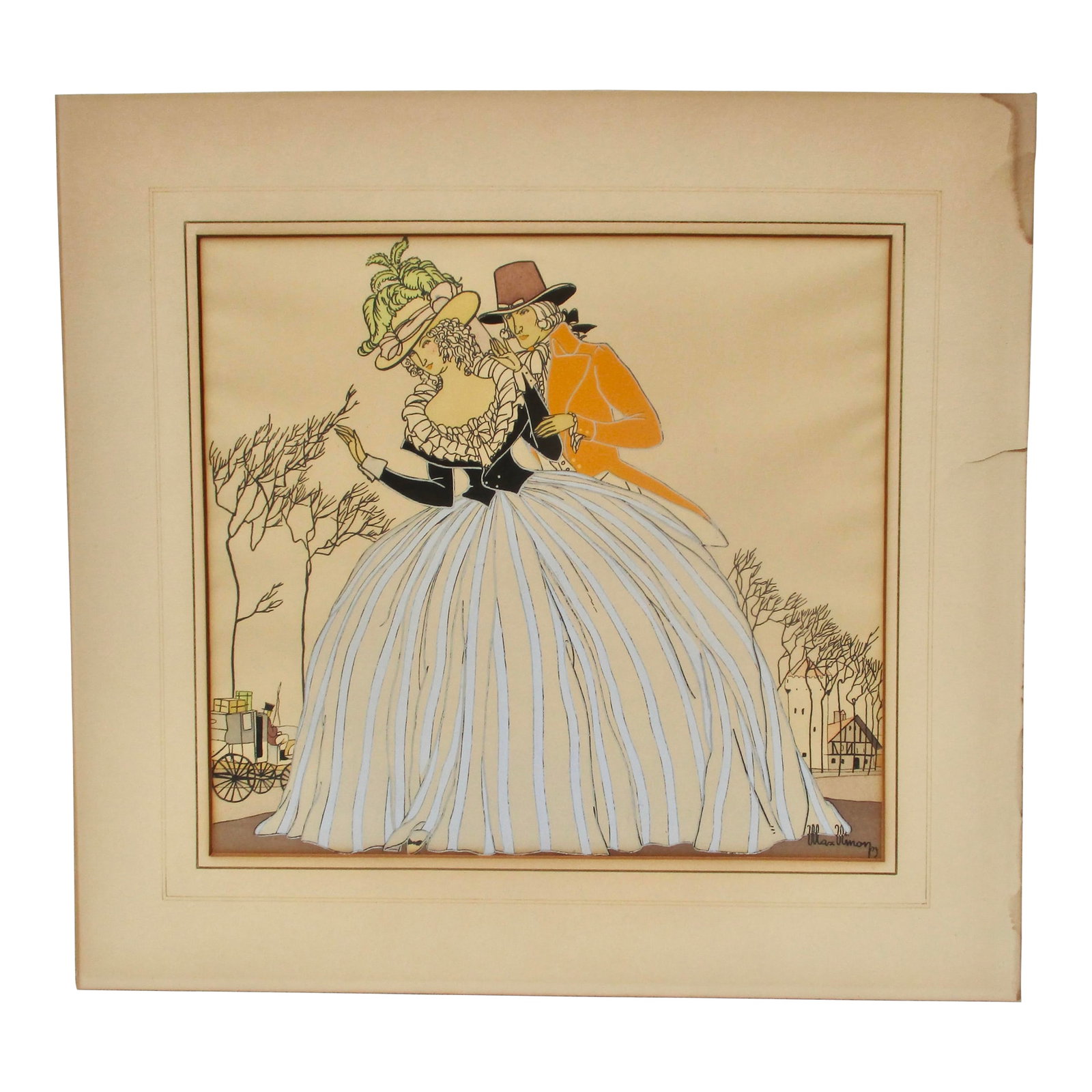 Victor Max Ninon Pochoir 1923: Pochoir painting by Ninon, circa 20s. Silkscreen with hand colored gouache details of the dresses and costumes, high-style Art Deco. Very popular in the period, matted and original French Mat. A