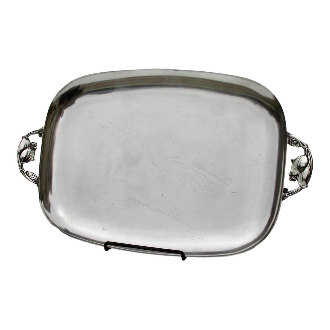 Danish Modern SilverPlate Serving Tray: Sheffield plate serving tray, designed as a Georg Jensen pattern. Very good condition, high mirror gloss shine. Thick metal and strong support for weighty item on the tray. The measurements are 18"