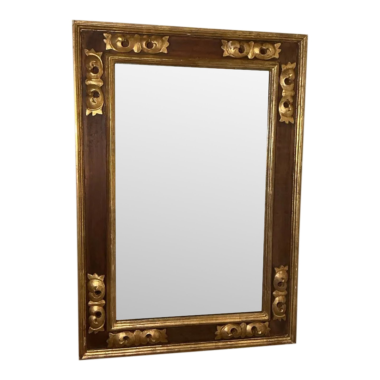 Antique Giltwood Mirror With Pomegranate Motifs, Italian Florentine Style, Circa 1920s: Elevate your space with this striking antique wall mirror, featuring a richly carved wooden frame adorned with bold, three-dimensional gilt appliques in the form of stylized pomegranates—an